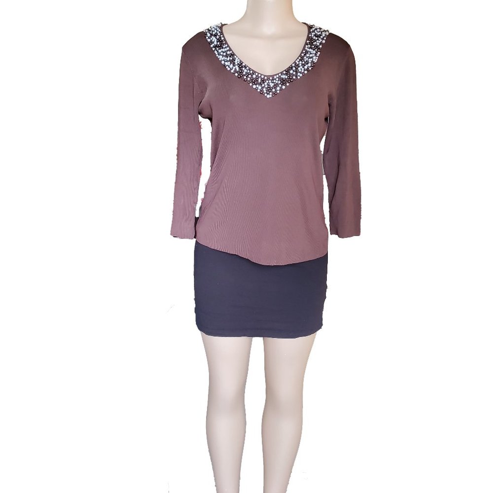 Lou Lou Beaded Long Sleeve Sweater Brown